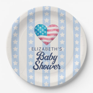 Heart & Bue Stars Stripes Boy Baby Shower Paper Plates