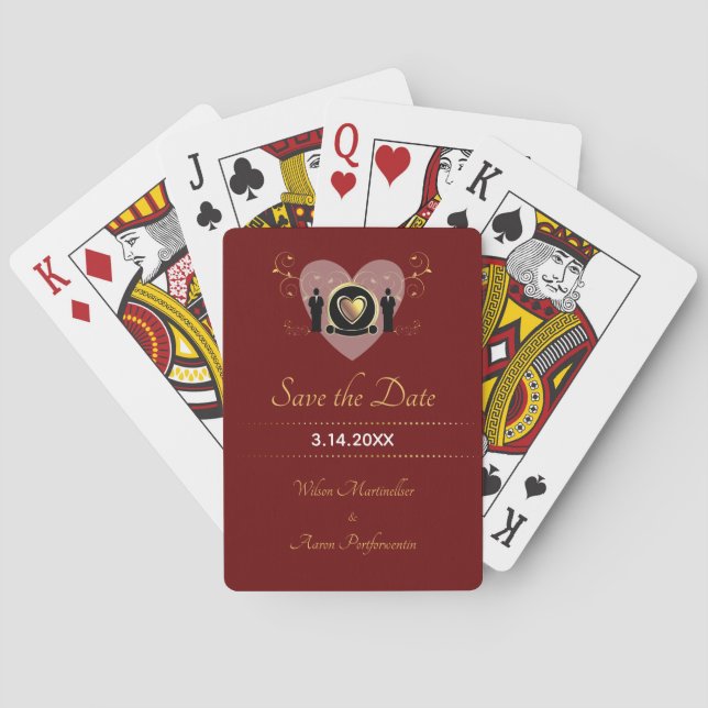 Heart Burgundy Male Wedding LGBTQ Save the Date Poker Cards (Back)