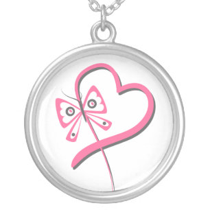 Heart Butterfly Ribbon - Breast Cancer Silver Plated Necklace