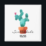 Heart Cactus Green Pink LOCATION ZIP CODE Fun Magnet<br><div class="desc">Heart Cactus design in blue green tones, pink heart, clay pot on white background with custom LOCATION, ZIP CODE in black. Easy to personalize text, text colors to your own. Great for ANY occasion, realtor, bachelorette weekend favors, Vacation souvenirs, New Home Owners, Airbnb's, Desert Souvenir, or Cactus Lovers. Artisan, Colorful,...</div>