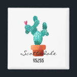 Heart Cactus Green Pink LOCATION ZIP CODE Fun Magnet<br><div class="desc">Heart Cactus design in blue green tones, pink heart, clay pot on white background with custom LOCATION, ZIP CODE in black. Easy to personalize text, text colors to your own. Great for ANY occasion, realtor, bachelorette weekend favors, Vacation souvenirs, New Home Owners, Airbnb's, Desert Souvenir, or Cactus Lovers. Artisan, Colorful,...</div>