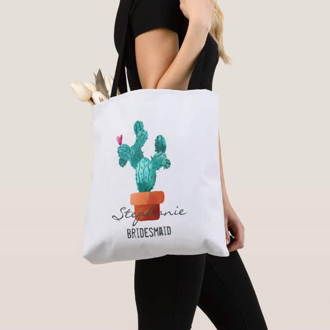 Heart Cactus Love Wedding Bridesmaid Name Tote Bag (Close Up)