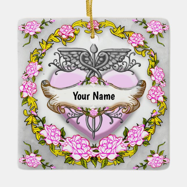 Heart Caduceus  Ceramic Ornament (Front)