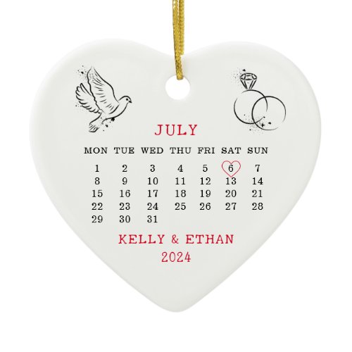 Heart Calendar Summer Wedding 2024 Ceramic Ornament