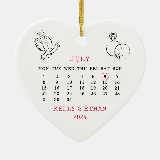 Heart Calendar Summer Wedding 2024 Ceramic Ornament (Front)