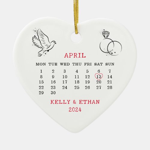 Heart Calendar Wedding Date April 2024 Ceramic Ornament
