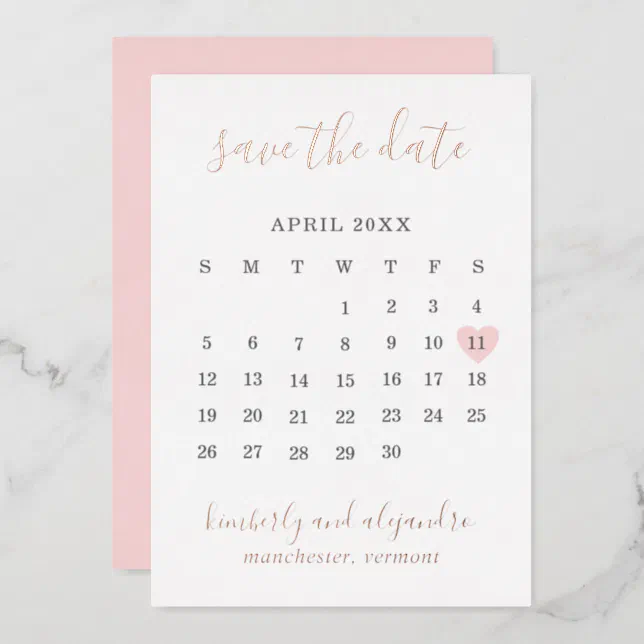 Heart Calender Wedding Save The Date Rose Gold Foil Invitation | Zazzle