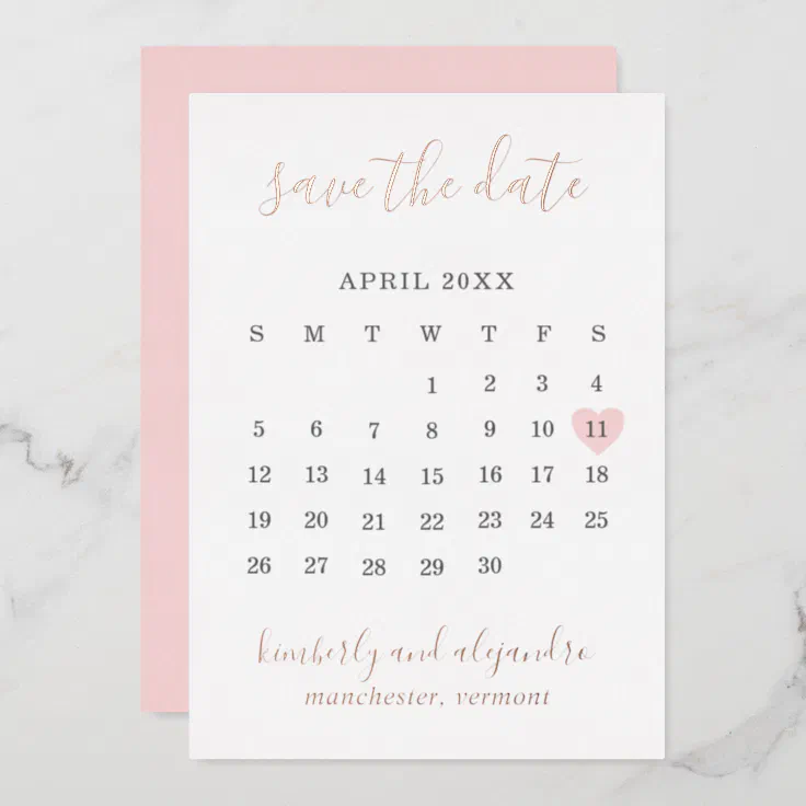 Heart Calender Wedding Save The Date Rose Gold Foil Invitation | Zazzle