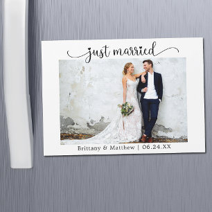 Heart Calligraphy Just Married Wedding Magnet Card