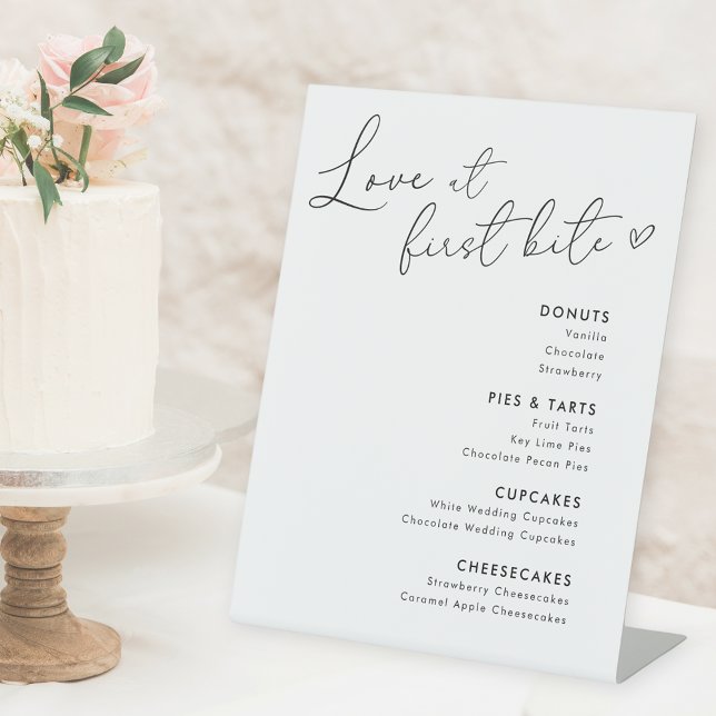 Heart Calligraphy Love at First Bite Desserts Menu Pedestal Sign (Creator Uploaded)
