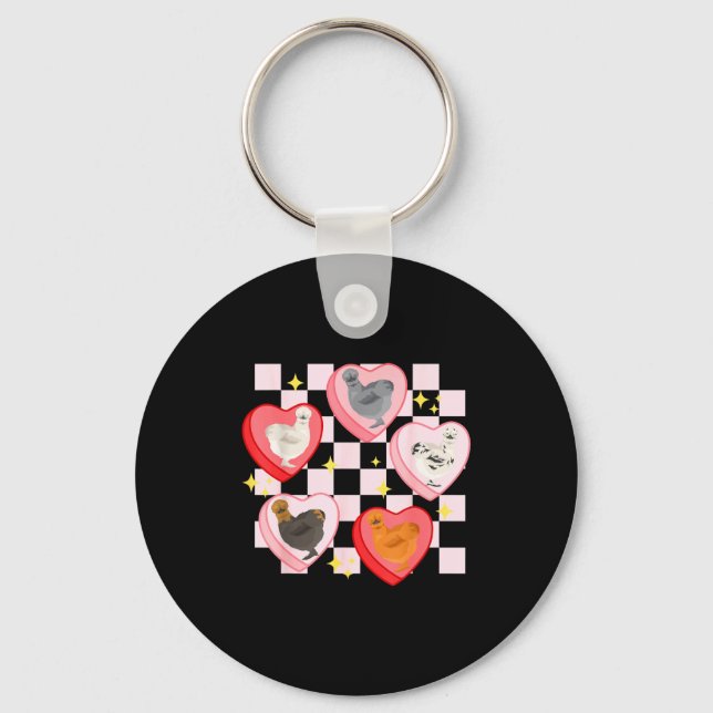 Heart Candy Silkie Chicken Valentine Farmer Animal Keychain (Front)