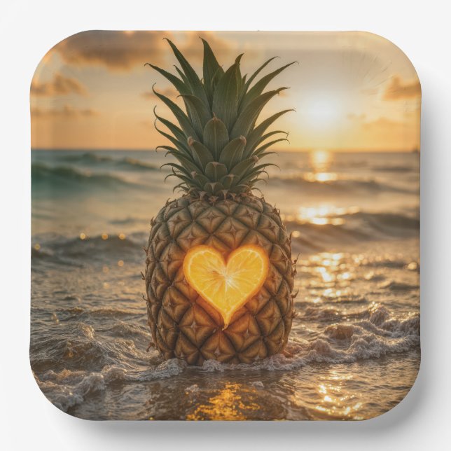 Heart Carved In a Pineapple On a Beach Paper Plates (Front)
