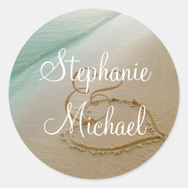 Heart Carved In The Sand Round Wedding Sticker (Front)