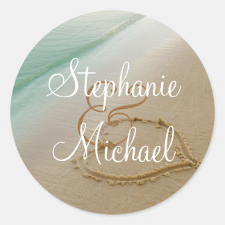 Heart Carved In The Sand Round Wedding Sticker