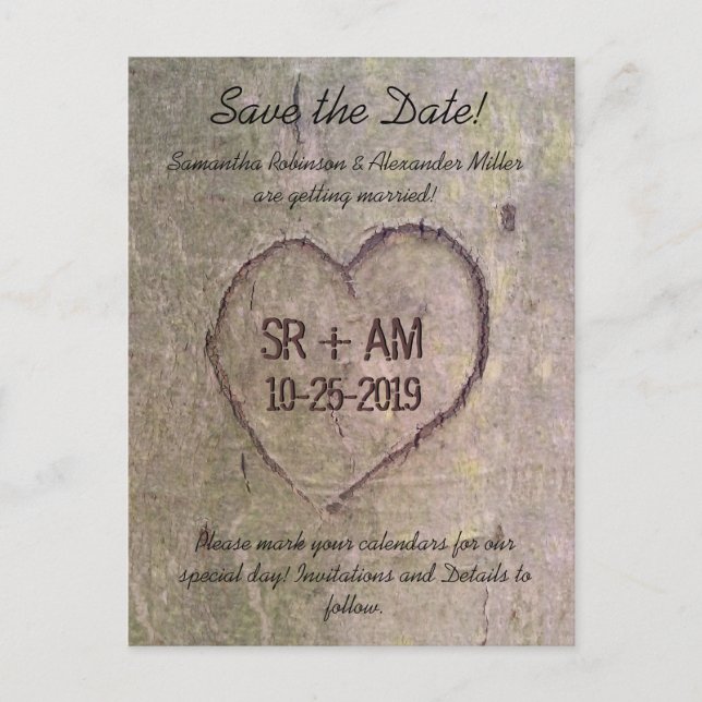 Heart Carved in Tree, Custom Save the Date Card (Front)