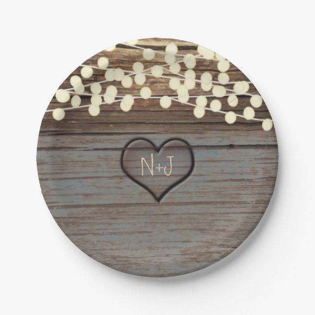 Heart Carved in Wood Rustic Western Paper Plates (Front)