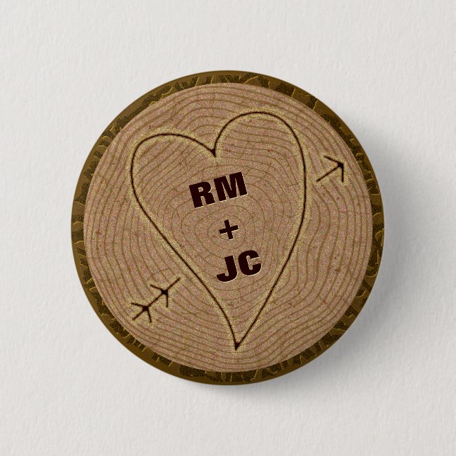 Heart Carved Initials Wood Tree Rings Personalized Button (Front)
