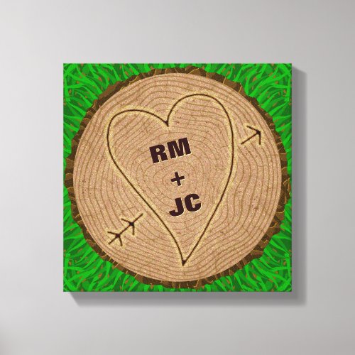 Heart Carved Initials Wood Tree Rings Personalized Canvas Print