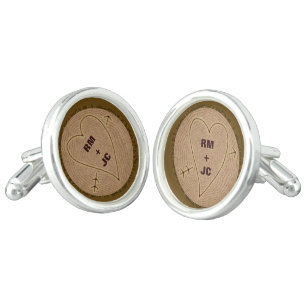 Heart Carved Initials Wood Tree Rings Personalized Cufflinks