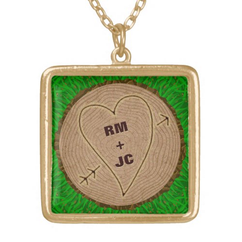 Heart Carved Initials Wood Tree Rings Personalized Gold Plated Necklace