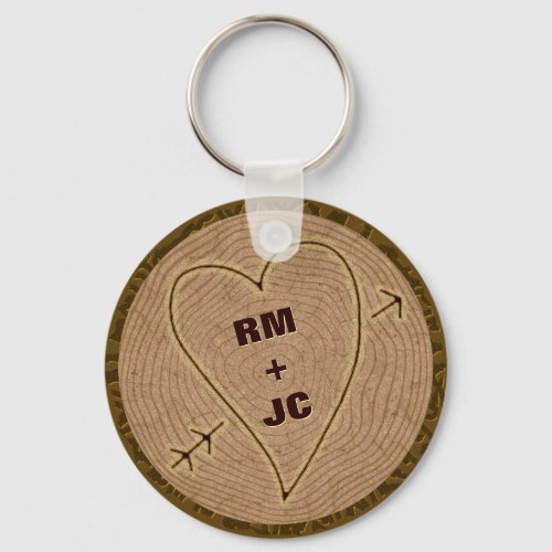 Heart Carved Initials Wood Tree Rings Personalized Keychain