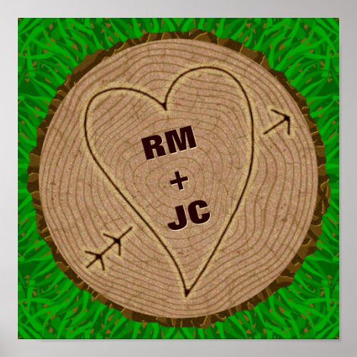 Heart Carved Initials Wood Tree Rings Personalized Poster