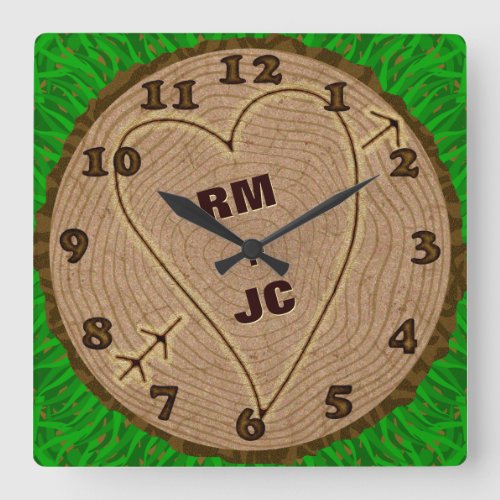 Heart Carved Initials Wood Tree Rings Personalized Square Wall Clock