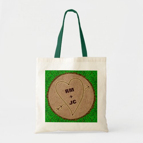 Heart Carved Initials Wood Tree Rings Personalized Tote Bag