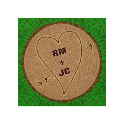 Heart Carved Initials Wood Tree Rings Personalized Wood Wall Art