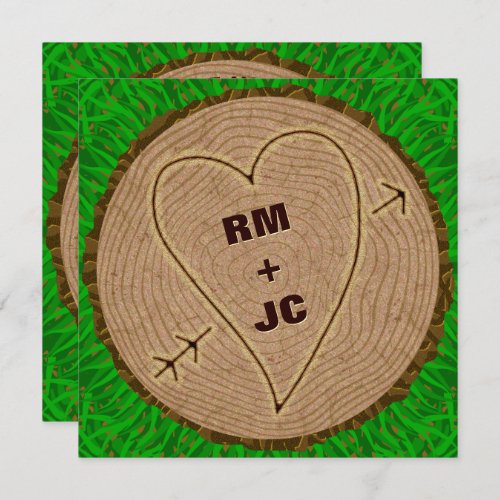 Heart Carved Initials Wood Tree Rings Wedding Invitation