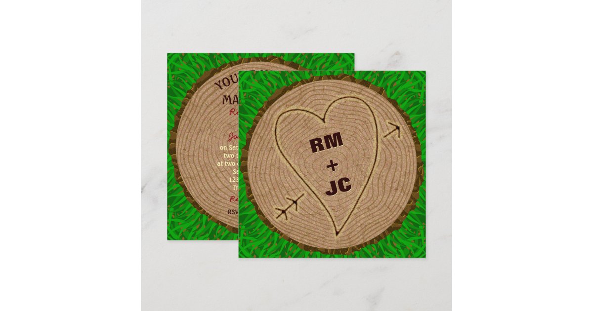 Heart Carved Initials Wood Tree Rings Wedding Invitation Zazzle