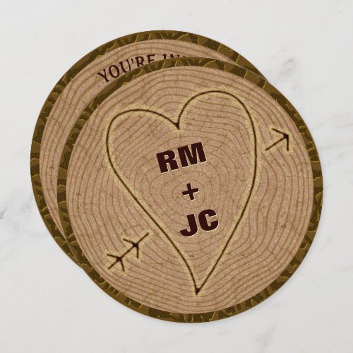 Heart Carved Initials Wood Tree Rustic Wedding Invitation