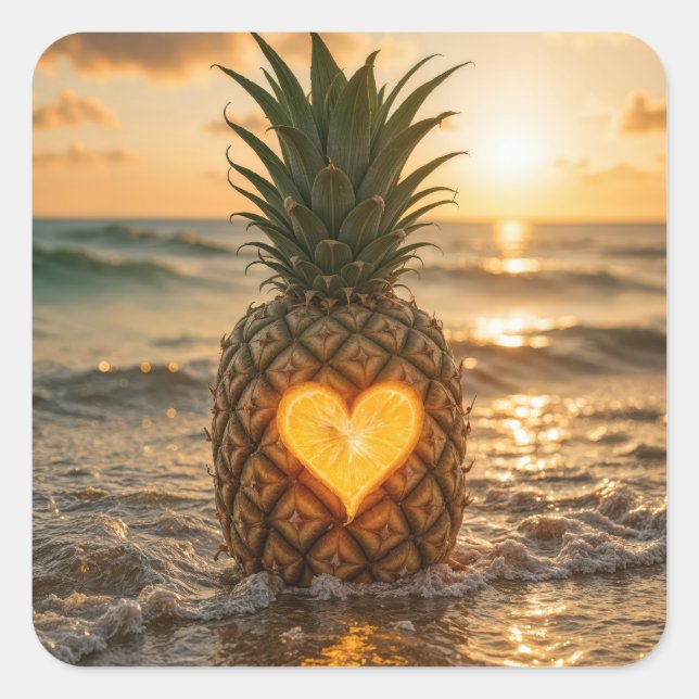 Heart Carved Into a Pineapple On a Beach Square Sticker (Front)