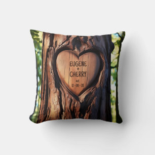 Heart Carved Names Date Wood Tree Trunk Throw Pillow
