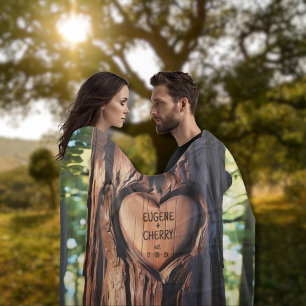 Heart Carved Names Wood Tree Trunk Fleece Blanket