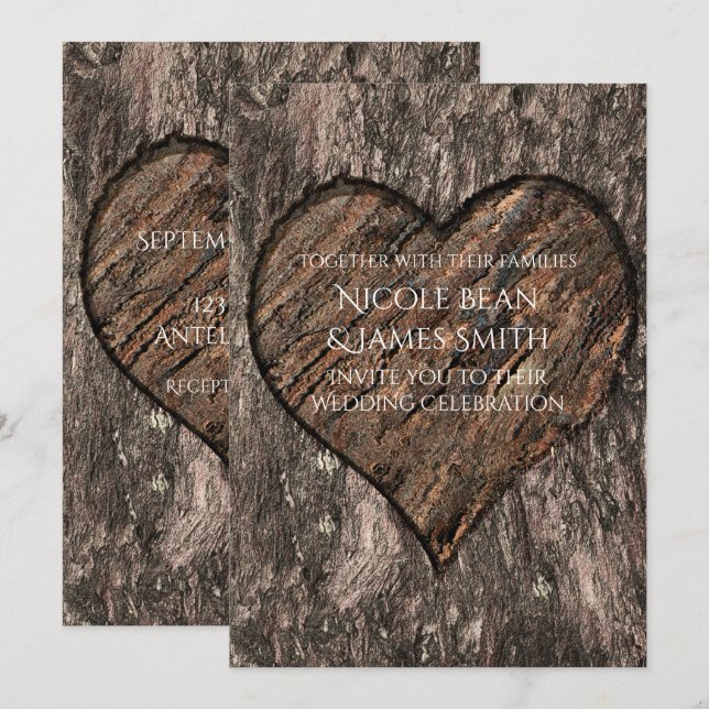 Heart Carved Tree Trunk Rustic Wedding Invitations (Front/Back)