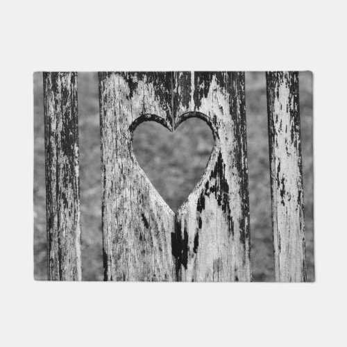 Heart Carved Wood in Black  White Doormat