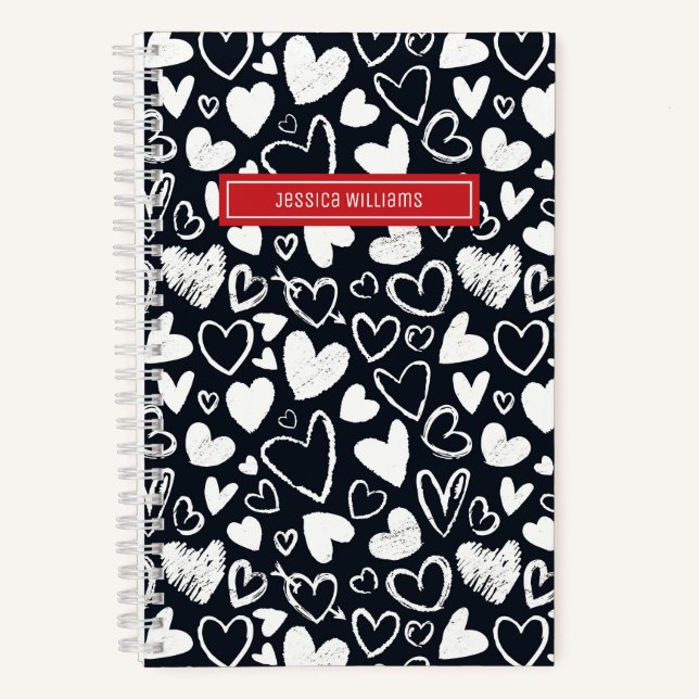 Heart Chalk Doodle and Love Pattern Cute Black Notebook (Front)