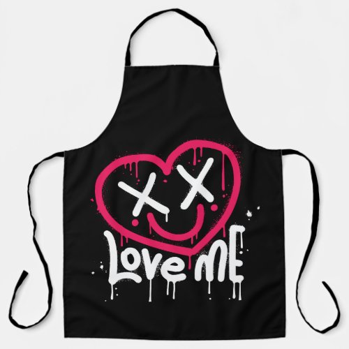 heart character with dead eyes and smile sprayed apron