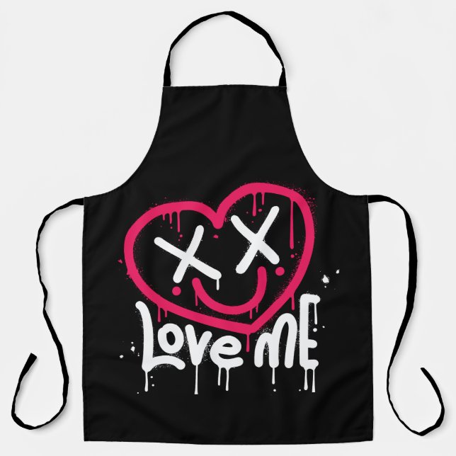 heart character with dead eyes and smile sprayed apron (Front)