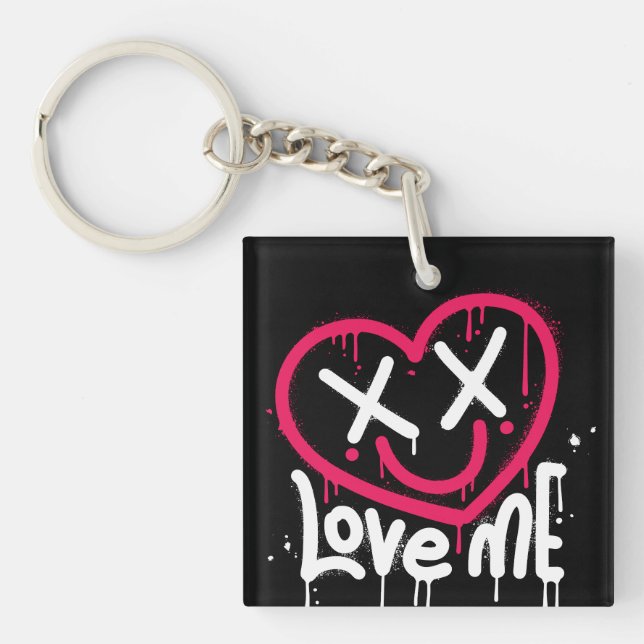 heart character with dead eyes and smile sprayed keychain (Front)