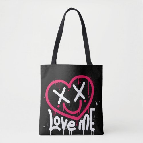 heart character with dead eyes and smile sprayed tote bag