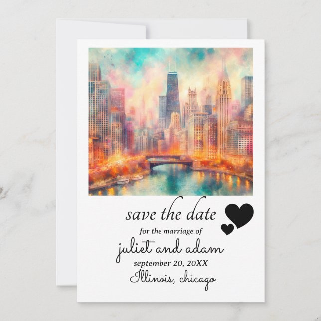Heart chicago wedding skyline save the date invitation (Front)