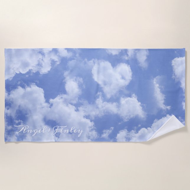   Heart Cloud Sky Cute Fun Modern Blue Custom Name Beach Towel (Front)