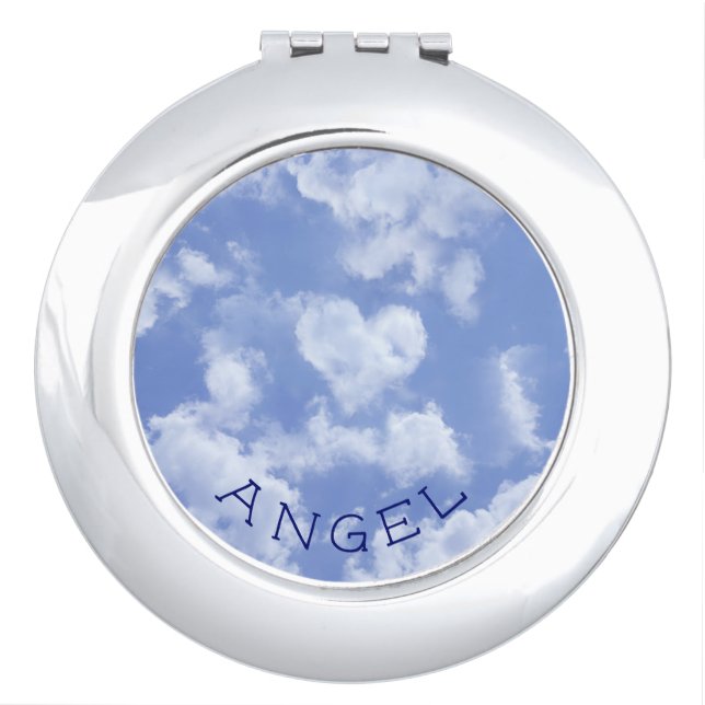   Heart Cloud Sky Cute Fun Modern Blue Custom Name Compact Mirror (Front)