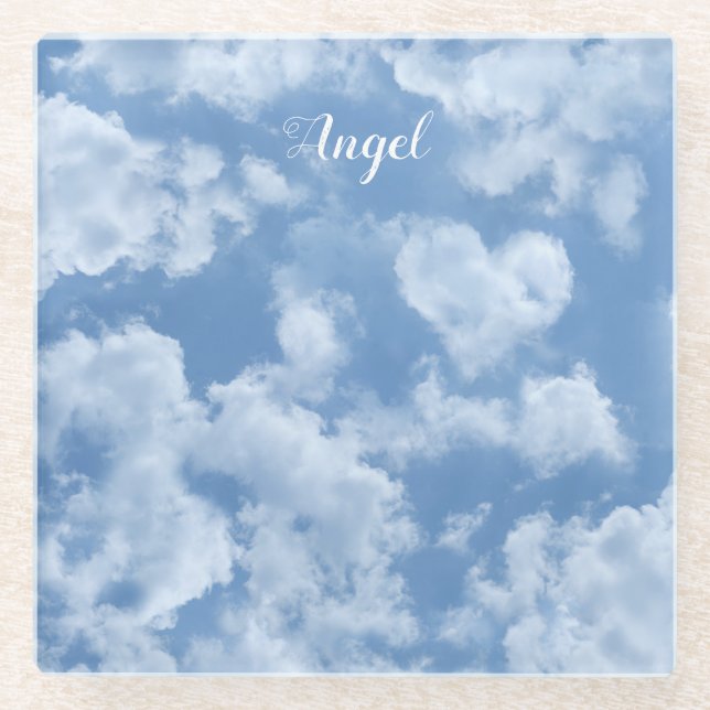   Heart Cloud Sky Cute Fun Modern Blue Custom Name Glass Coaster (Front)