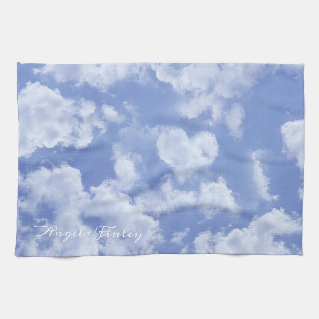  Heart Cloud Sky Cute Fun Modern Blue Custom Name Kitchen Towel (Horizontal)