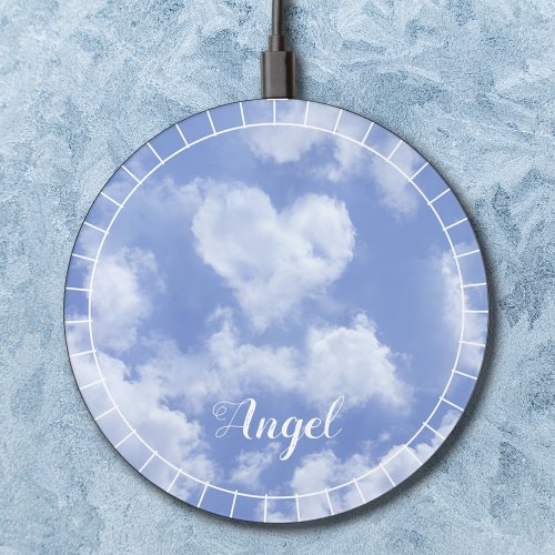     Heart Cloud Sky Cute Modern Blue Add Your Name Wireless Charger