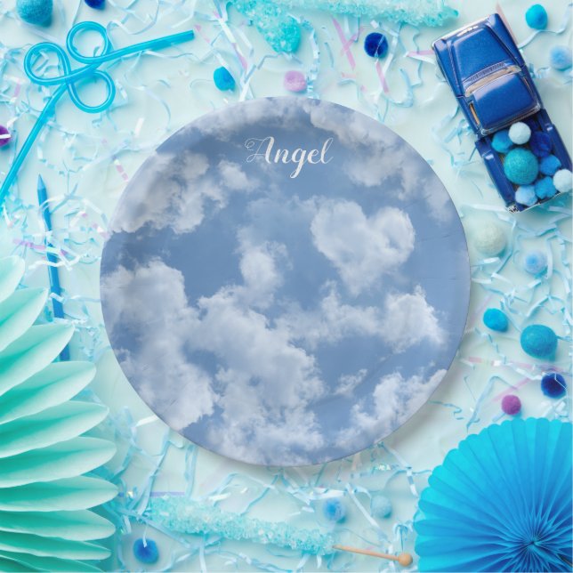 Heart Cloud Sky Cute Modern Blue Custom Wedding Paper Plates (Party)