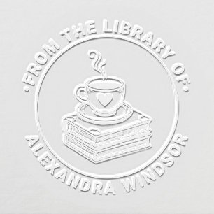 Heart Coffee Cup on Book Stack Library Book Name Embosser